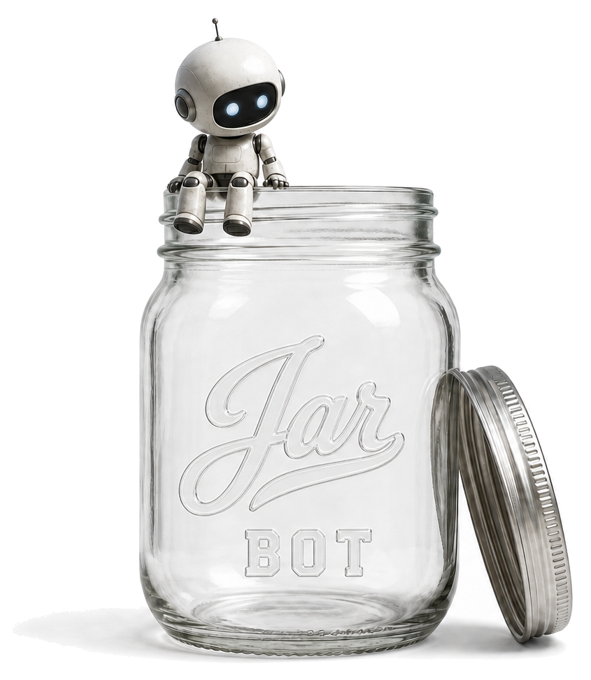 A glass mason jar embossed with Jar BOT, its lid leaning against it and a small robot sitting on the rim